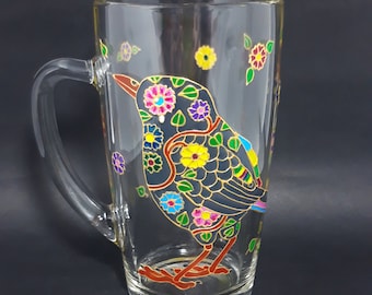 Bird Mug Handmade - Hand Painted Glass Coffee Mugs - Personalized Gift For Her, Unique Cup