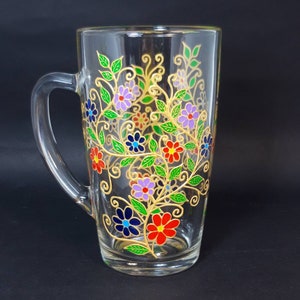 Hand Painted Flowers Personalized Big Mug, Handmade Rainbow Glass Large Mugs, Multicolor Coffee Gift for Mom Unique Gifts for Women