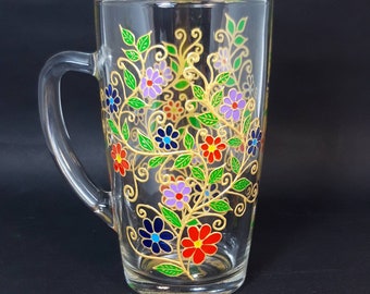 Handgeschilderde bloemenmok, regenboogglazen koffiemok, gepersonaliseerd cadeau