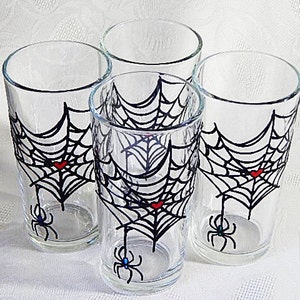 Spider Web Hand Painted Drinking Glass Set Of4 Halloween Water - Etsy
