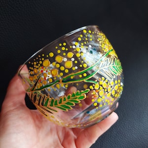 Mimosa Big Coffee Mug / Personalized Mug / Hand Painted Yellow Mimosa Glass Mug /  Gift for Mothers Day / Gift for Valentines Day