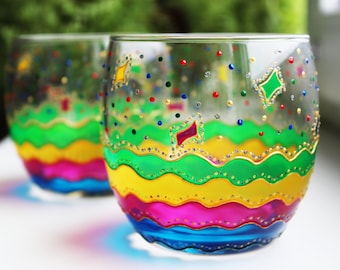 Whiskey Glasses Hand Painted, Rainbow Colorful Drinking Glasses. Set of 2