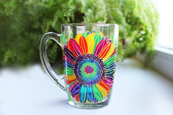 Personalized Chamomile Flower Coffee Mug, Glass Hand Painted Cup, Birthday Gift For Her.