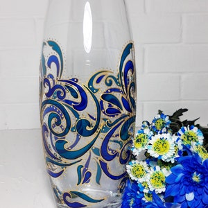 Painted Blue Big Vase, Handmade Glass Large Vase, Gift for Grandma Unique Gifts for Women