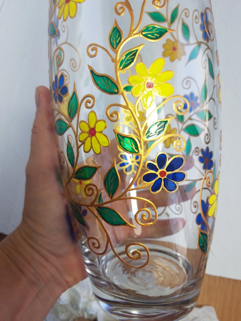 Big glass Vase Hand-Painted blue and yellow flowers, personalized birthday Gift image 4