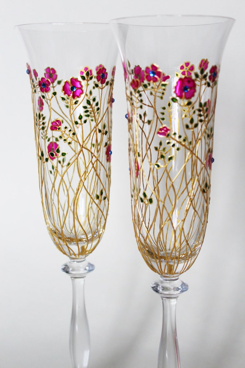 Personalized Gold Glasses Wedding Favors Engagement Gift Cake Serving Toasting Flutes Decoration Pink Flower Champagne Glasses.