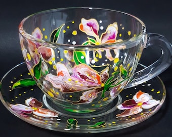 Handgeschilderde appelbloesem glas-in-lood theekop en schotelset