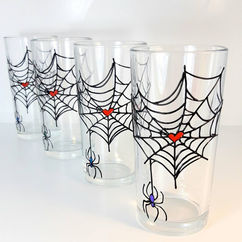 Spider Web Hand Painted Water Glasses Drinking Glass Set Of4 | Etsy