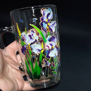 Grote koffiemok irissen, uniek cadeau voor vrouw, kopje paarse en witte bloemen, verjaardagscadeau, bloemenmok bruidsmeisje.