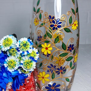 Big glass Vase Hand-Painted blue and yellow flowers, personalized birthday Gift image 2