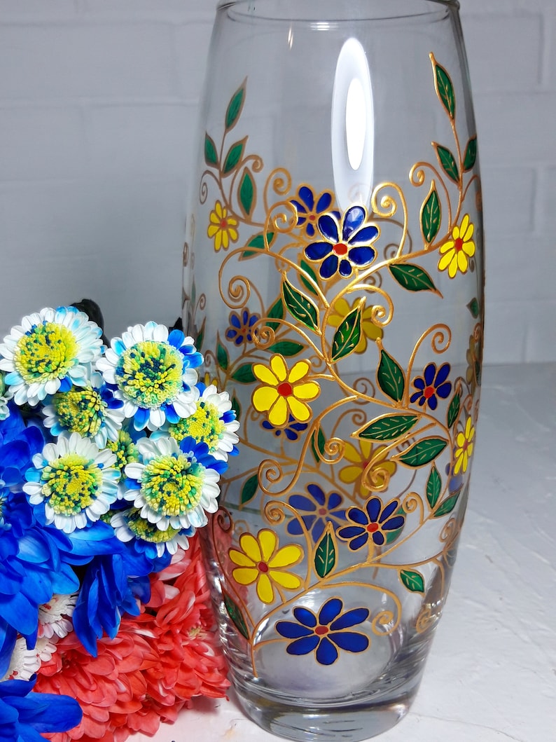 Big glass Vase Hand-Painted blue and yellow flowers, personalized birthday Gift image 2