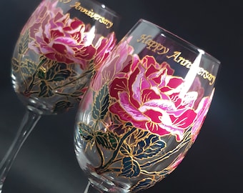 Pink Rose Flower Wine Glasses, Hand Painted, Set of 2, Stemmed, Floral Wine Glasses, Mother’s Day Gifts for Mom, Custom Glasses