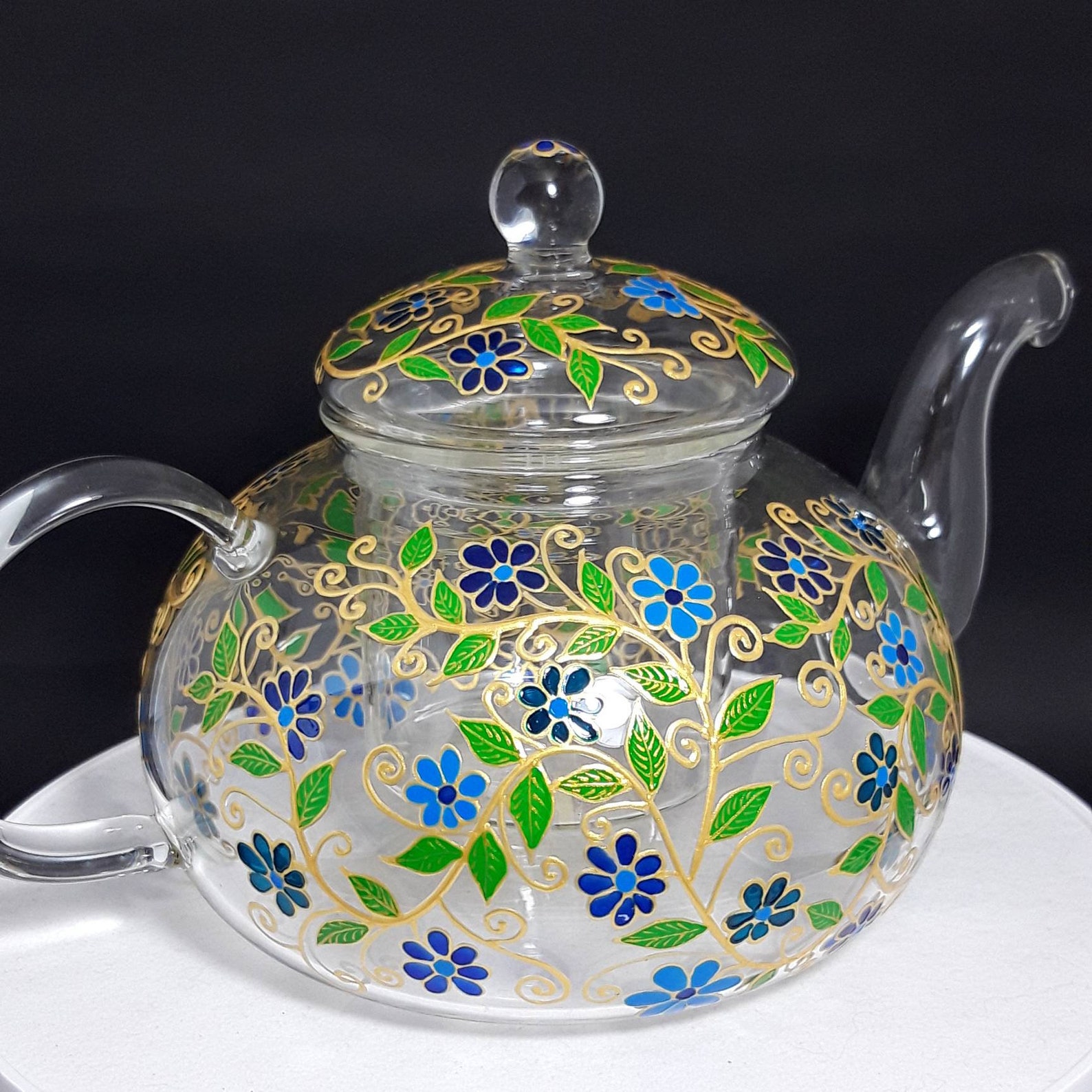 Teapot With Blue Fower Hand Painted Glass Teapot Floral Gift Etsy