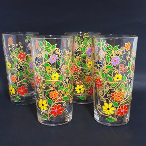 Water Glasses Set of 2,4,6,8,10pc Glass - Rainbow Glassware | Botanical Collection| Hand painted Drinking Glasses