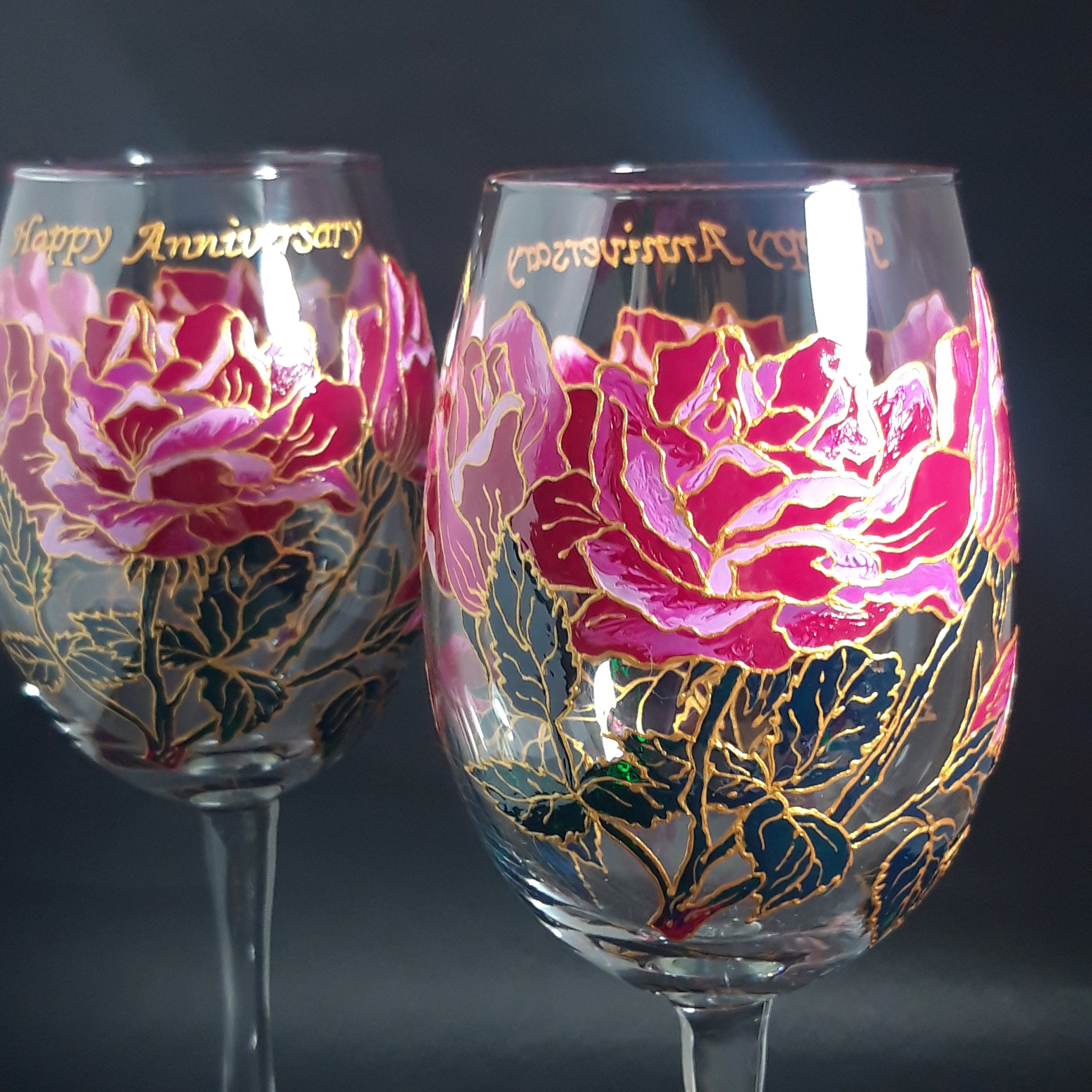 Pink Rose Flower Wine Glasses Hand Painted Set of 2 Etsy
