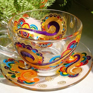 Rainbow Tea Cups & Saucers Set of 4 Painted Glass Cups With 4 