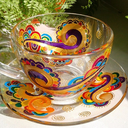 Handmade Glass Funny Tea Cup and Saucer Set Colorful Ornament Etsy