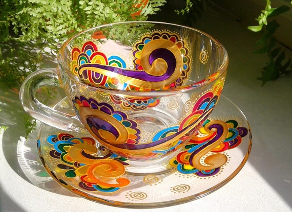 Handgefertigtes Glas-Teetasse und Untertassen-Set, buntes Ornament-Geschenk