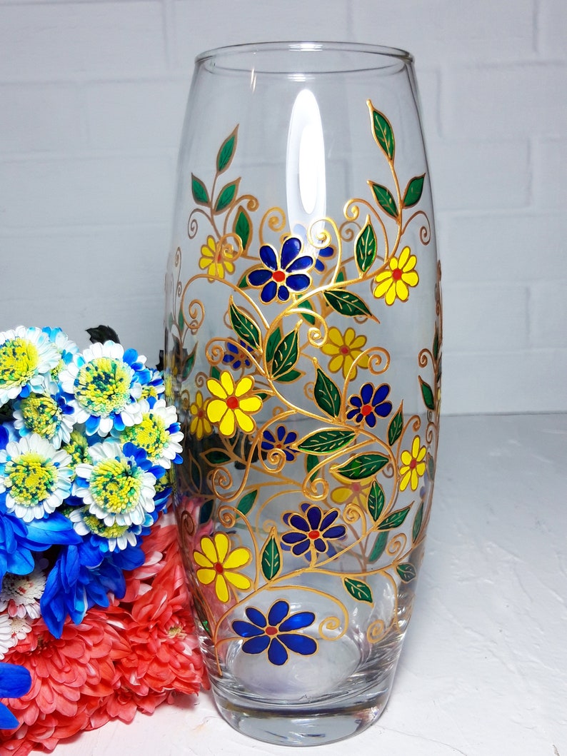 Big glass Vase Hand-Painted blue and yellow flowers, personalized birthday Gift image 1