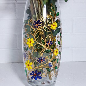 Big glass Vase Hand-Painted blue and yellow flowers, personalized birthday Gift image 6