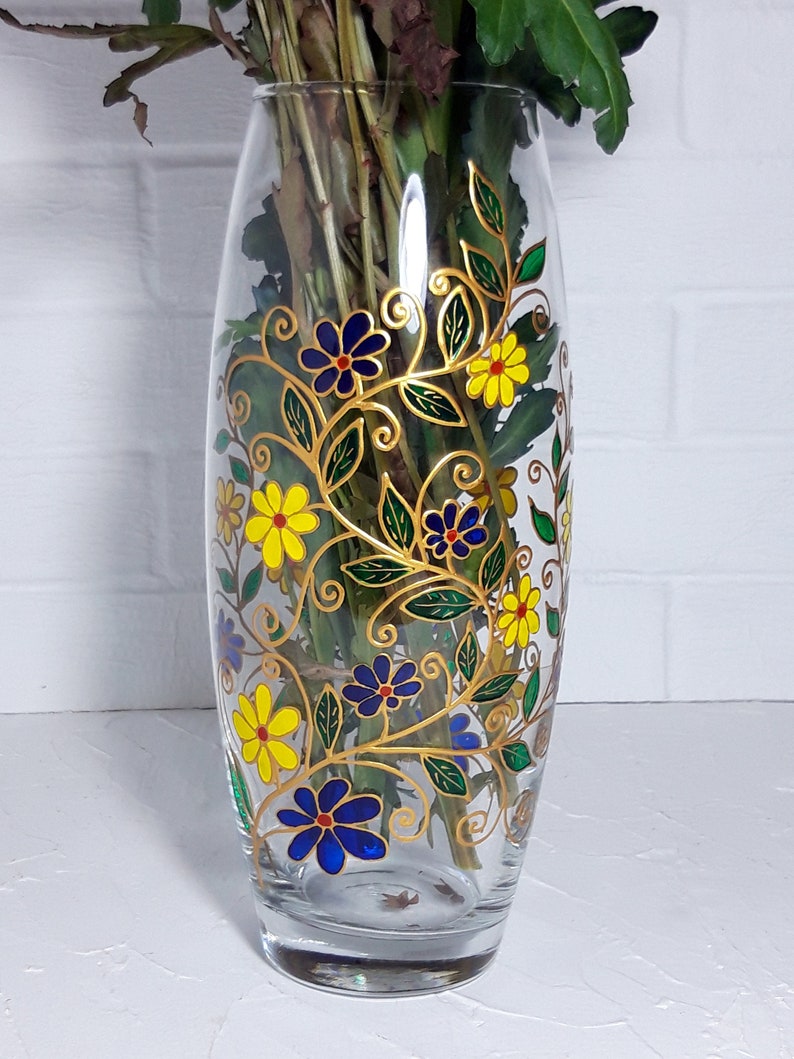 Big glass Vase Hand-Painted blue and yellow flowers, personalized birthday Gift image 6