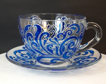 Tea Cup Set, Hand Painted Blue Stained Glass Coffee Cup, Gepersonaliseerd cadeau voor vrouwen.
