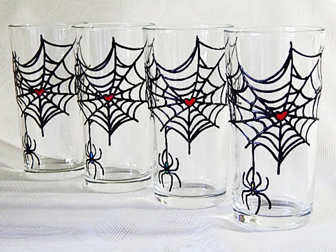 Spider Web Hand Painted Drinking Glass Set Of4 Halloween Water | Etsy