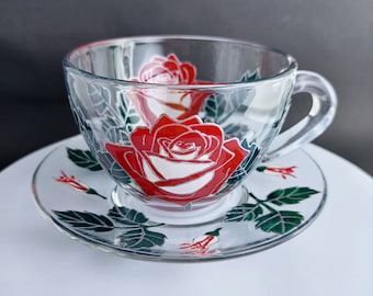 Rose theekopje en schotel set bloemen bloemen theekopjes, verjaardagscadeau voor zus, moeder, leraar