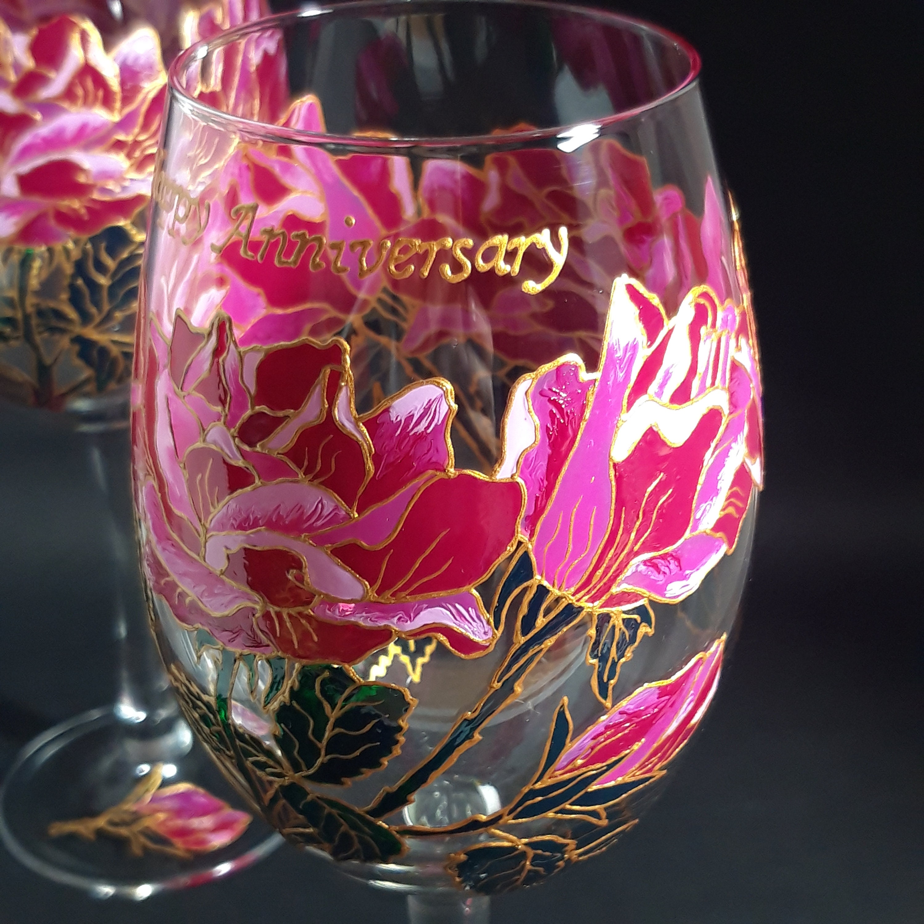 Pink Rose Flower Wine Glasses Hand Painted Set of 2 Etsy