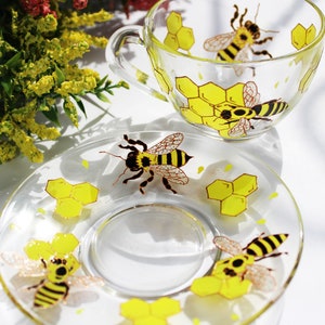 Bee Tea Cup and Saucer Set Personalized Birthday Gift, Tea Set Hand Painted Bee and Honeycomb Wedding Cup, Teacup and Saucer Set Grandma
