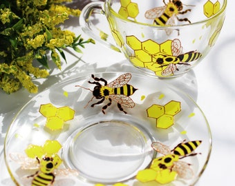 Bee Tea Cup and Saucer Set Personalized Birthday Gift, Tea Set Hand Painted Bee and Honeycomb Wedding Cup, Teacup and Saucer Set Grandma