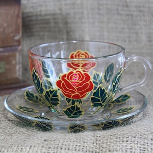 Flower tea cup set hand painted Roses tea cup and saucer Personalized gift for women, Birthday gift for mom