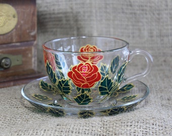 Hand Painted Rose Tea Cup and Saucer, Personalized Gift