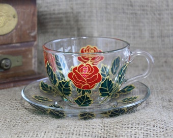 Flower tea cup set hand painted Roses tea cup and saucer Personalized gift for women, Birthday gift for mom