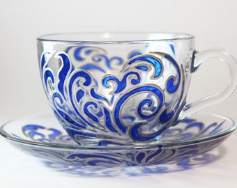 Handgeschilderde kop en schotelset, unieke koffiekop, gepersonaliseerd cadeau voor moeder.