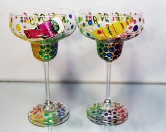 Margarita Glasses Personalized Hand Painted Wedding Rainbow Bubbles Glasses, Cocktail Glassware Set 2