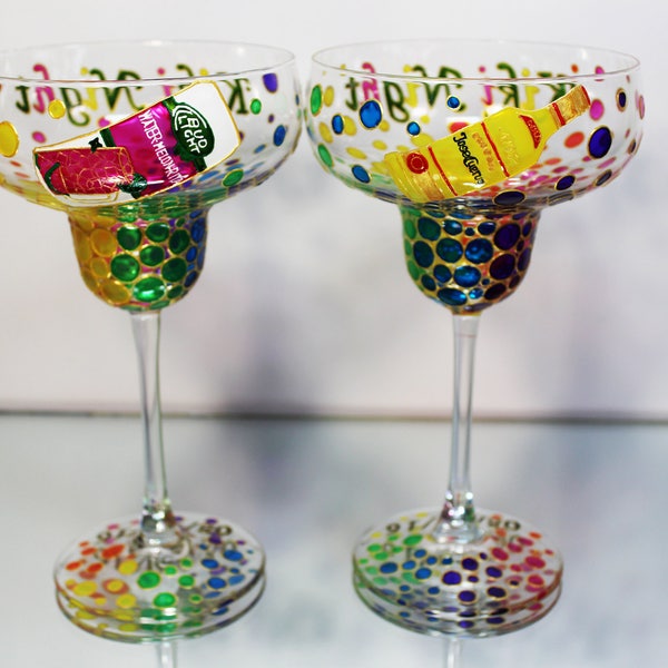 Margarita Glasses Personalized Hand Painted Wedding Rainbow Bubbles Glasses, Cocktail Glassware Set 2