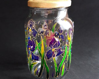 Big Coin Bank Hand Painted Violet  Irises Personalized flowers coin banks Glass coin jar.