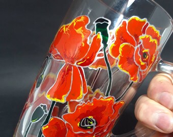 Red poppies large glass mug, wildflowers california poppies hand painted tableware, unique gift for woman