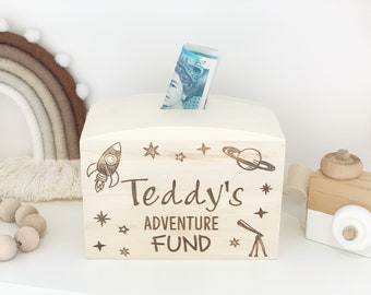 Personalised money box, Personalised piggy bank, Christmas gift for young boy, Adventure fund, Space themed gift, Space rocket, Boys gift,