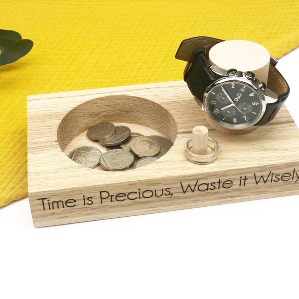 Watch Holder, Time Is Precious Waste It Wisely, Watch Stand, Coin Bowl, Personalised Watch Display, Gifts for Dad, Gifts for Him, Watch