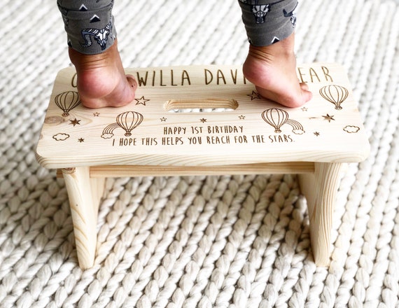 1st birthday gift, Unisex, Personalised stool, Personalised chair, Childs stool, Kids chair, Hot air balloons, Clouds, Wood stool