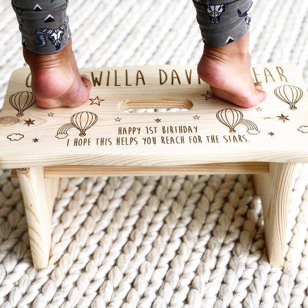 1st birthday gift, Unisex, Personalised stool, Personalised chair, Childs stool, Kids chair, Hot air balloons, Clouds, Wood stool