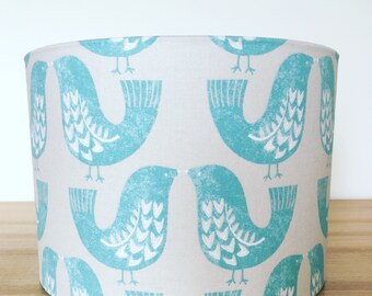 Handmade Fabric Lampshade, Scandi Birds by iliv in Aqua Blue.