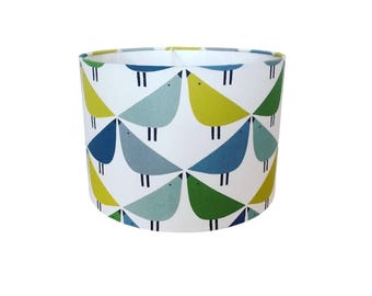 Scion Lintu Lampshade | Blue Green Scandi Bird Lamp Shade | Geometric Drum Lampshade | Handmade Ceiling or Table Lamp Shade