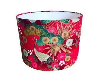 Red Japanese Cranes Lampshade – Metallic Gold Floral Bird Print Drum Shade – Oriental Style Statement Lighting
