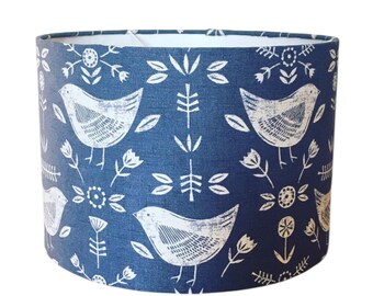 Handmade Fabric lampshade. 'Narvik' Scandi Birds by Fryett's in Blue