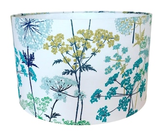 Iliv Hedgerow Pistachio Drum Lampshade | Botanical Meadow Floral | Green Blue Yellow | Handmade Ceiling or Table Lamp Shade