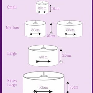 May include: Diagram of C&C Lampshade Sizes, showing four different lampshade sizes: Small (20cm x 18cm), Medium (30cm x 21cm & 35cm x 21cm), Large (40cm x 25cm), and Extra Large (50cm x 28cm). The text is in white on a purple background.