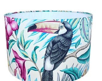 Handmade Fabric Lampshade. 'Rainforest' by iliv in 'Cassis'. Tropical Rainforest Bird Print